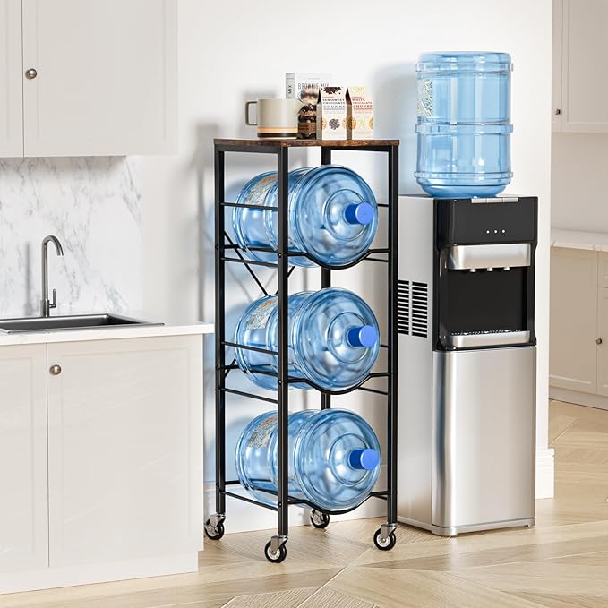 5 Gallon Water Jug Holder - 3-Tier Water Jug Rack with Wheel Reinforced X-Shape Design, 5 Gallon Water Jug Stand with Storage Shelves for Kitchen, Living Room, Office