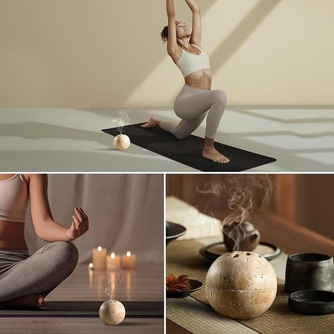Koville Natural Travertine Stone Incense Burner, Incense Holder for Cone/Balsam Fir/Palo Santo/Sage, Handmade Sphere Incense Burner for Meditation Yoga SPA Relaxation, Home Decor,Beige Travertine