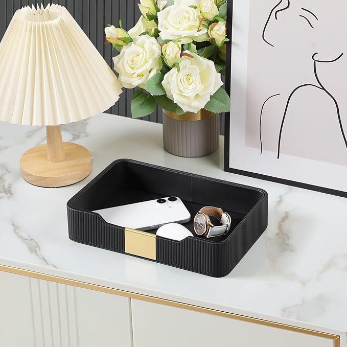 Valet Tray Desktop Storage Organizer, PU Leather Catchall Bedside Vanity Tray with Brass Accents Block Nightstand Organizer for Keys Watch Wallet Phone, Decorative Nightstand Storage (Black)