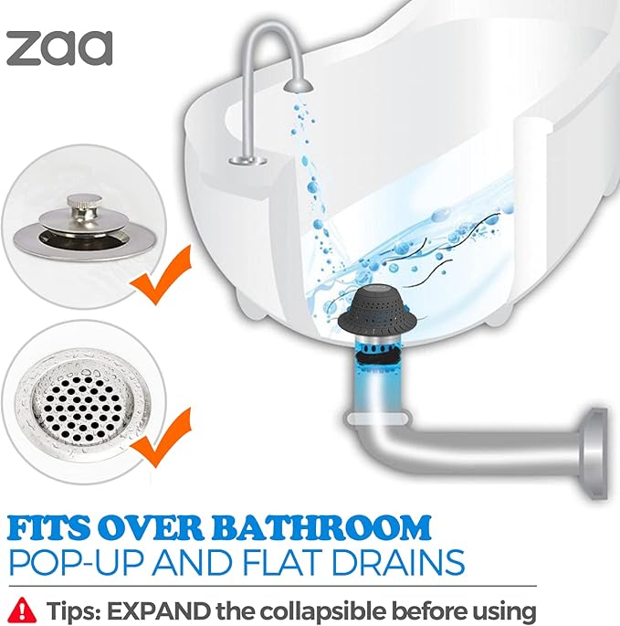 zaa Bathtub Drain Hair Catcher, Premium Silicone Shower Hair Catcher, 1Pack Hair Stopper for Pop Up & Regular Drains of Shower, Bathtub, Bathroom Sink, Bathroom Fixture Accessories, Black