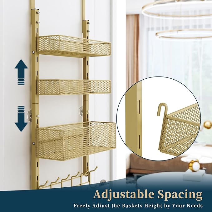 Consumest Over The Door Hooks Organizer - 4 Tier Door Coat Rack with 3 Baskets & 12 Hooks, Stainless Steel Towel Hanger for Bedroom, Bathroom, Living Room, Gold