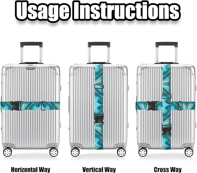 Nuxovilar Luggage Straps Teal Gold Marble Polyester 1.96x90.5inch 2 Set Suitcase Cargo Strap Travel Tool Adventure Trip Beach Resort City Tour