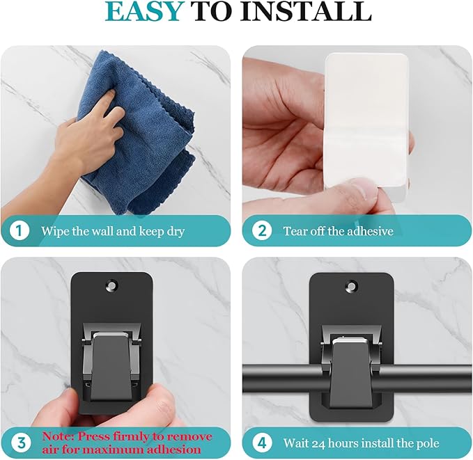 Adhesive No Drill Curtain Rod Brackets - Heavy Duty 30LB Holders for Bathroom Bedroom Kitchen, Universal Damage-Free Window Rod Hooks with Nail-Free Installation (2PC Black)