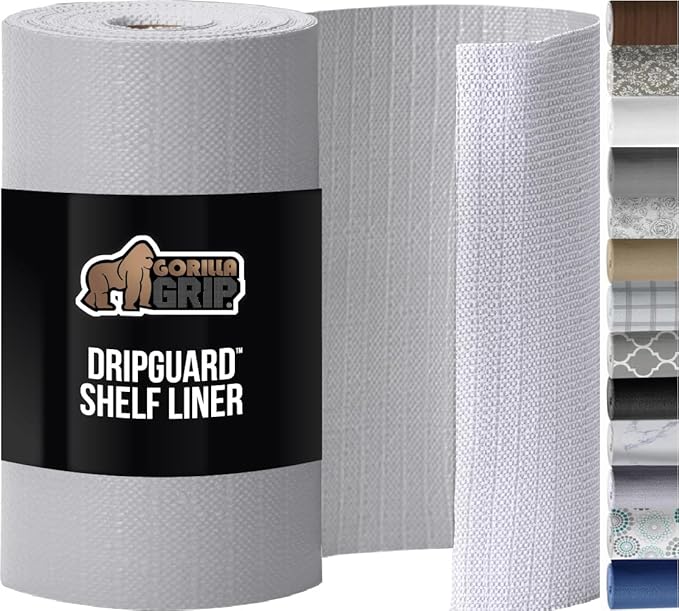 GORILLA GRIP DripGuard Shelf Liner, Non-Adhesive Drawer and Kitchen Cabinet Protector, Strong Grip Slip Resistant Underside, Smooth Surface Liners for Cabinets, Bathroom Closets 17.5x240 In Light Gray