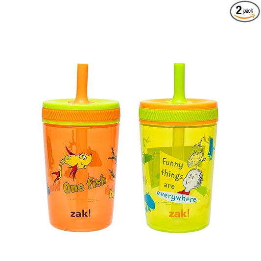 Zak Designs Dr. Seuss Kelso Toddler Cups For Travel or At Home, 15oz 2-Pack Durable Plastic Sippy Cups With Leak-Proof Design is Perfect for Kids (One Fish, Two Fish)