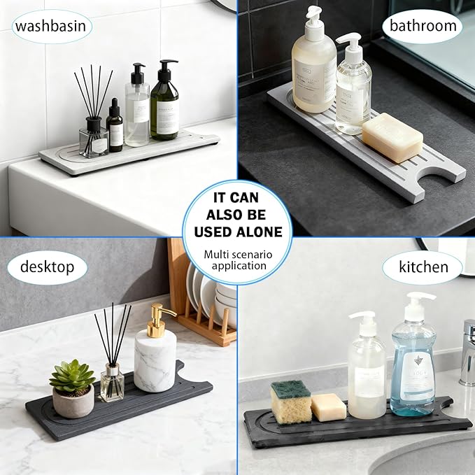 Faucet Mat for Kitchen Sink with Raised Feet, Stone Sink Mat Quick Dry around Faucet, Water Absorbent Stone Tray, Sink Splash Guard & Protectors, Stone Drying Mat for kitchen Counter