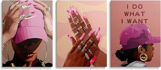 Unframed Black Girl Canvas Wall Art pink trend American Black Woman Posters Prints Wall Decor Pictures for Home Living Room Bedroom study Decoration,Unframed12 x 16inches X3piec