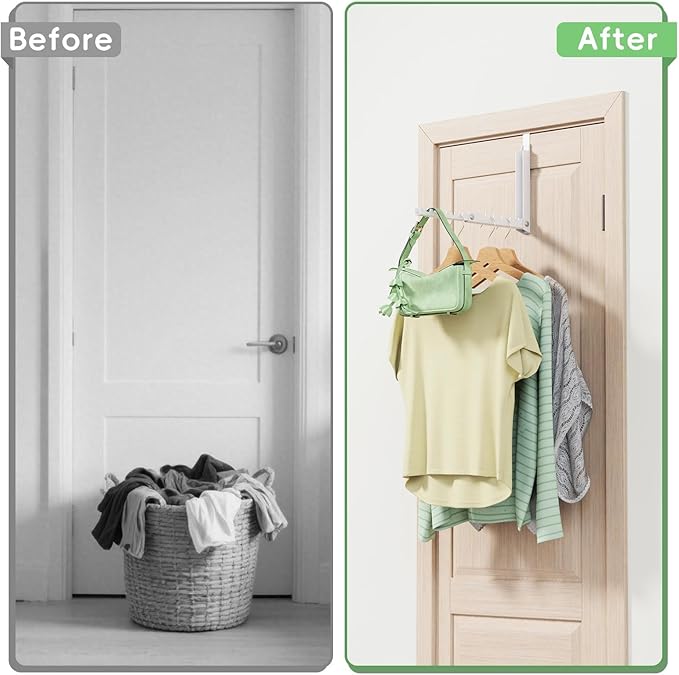 Over The Door Hooks, Over The Door Clothes Hanger with 10 Ridges, Space-Saving Over The Door Drying Rack, Door Hooks for Hanging Clothes, Larger Capacity Over The Door Hanger (1, White)