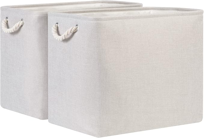 Bidtakay Fabric Beige Baskets, Extra Large Organization Baskets for Clothes, Set of 2 Collapsible Storage Bins for Shelves Cabinet, 17x12x15 In Organizing Bins for Bedroom Blankets Pillow Towels Storage