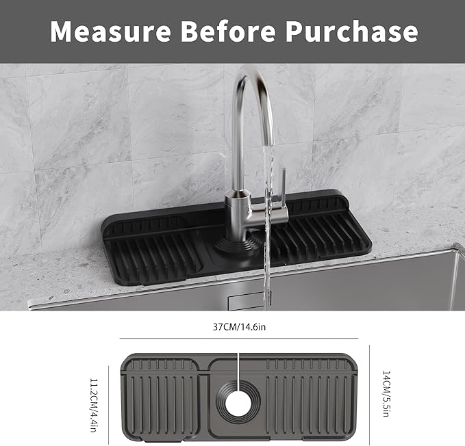 WAFT YEARN 14X5 Inch Silicone Durable Faucet Mat Kitchen Sink Splash Guard Draining Protector Tray Liner Absorbent Protective Counter Accessories For Sink Kitchen Bathroom Laundry Room Bar & RV Black