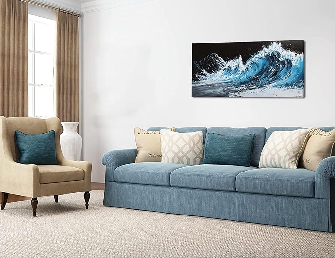 ZESTRILIA Waves Wall Art Blue Sea Oil Painting Reproduction Print Modern Wave Abstract Canvas Paintings Waterproof Artwork Picture for Living Room Bedroom Home Office Kitchen Décor (23x46inch)