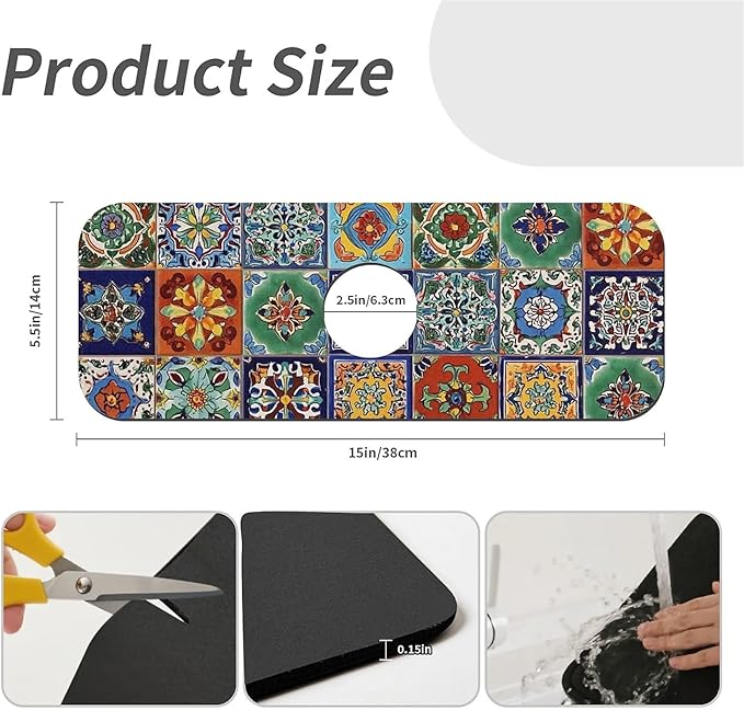 Kitchen Sink Splash Guard，Colorful Mexican tile Faucet Mat Sink Gadgets-Super Absorbent Fast Drying Mat Drip Catcher for Kitchen, Bathroom,Sink Mat, Dish Drying Mat, Bathroom(15" X 5.5" )