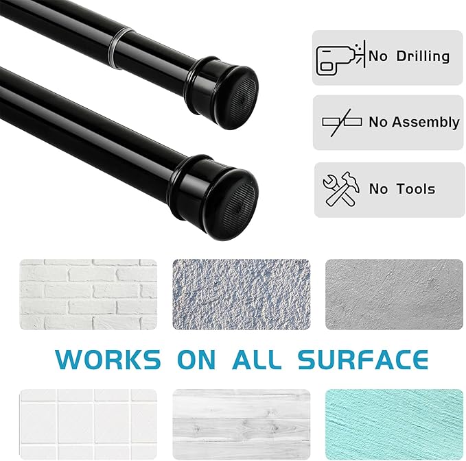 2 Pack No Sectional Assembly Shower Curtain Rod 28-48 Inch, 1" Diameter Spring Long Adjustable Tension Curtain Rods for Bathroom Windows Closet No Drilling No Rust, Black