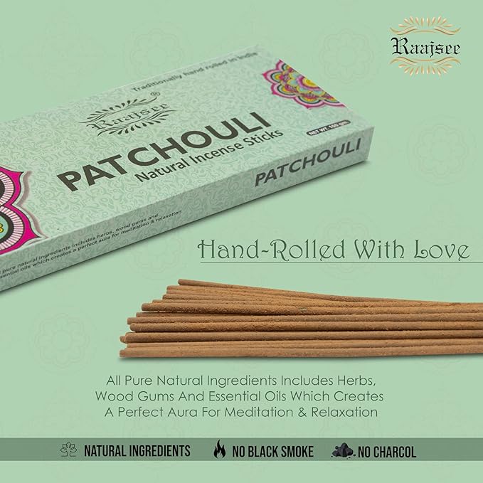 Raajsee Patchouli Incense Sticks 100 gm Pack-100% Pure Organic Natural Hand Rolled Free from Chemicals-Perfect for Church,Aromatherapy,Relaxation,Meditation,Positivity & Sensual Therapy