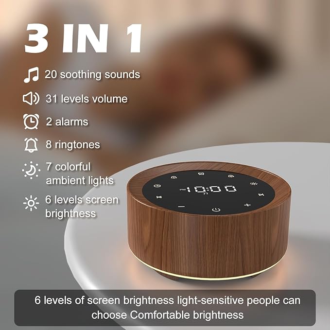 White Noise Sound Machine Alarm Clock 7 Color Night Light Sound Machine for Adult/Baby 20 Soothing Sound 31 Level Volume 6 Level Screen Brightness 5 Timer Set Memory Function Touch Control Wood Grain
