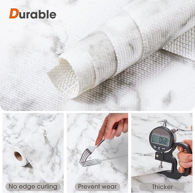 Drawer and Shelf Liner, Non-Slip Kitchen Cabinet Liners Non-Adhesive Thick Strong Grip Waterproof Washable Mats Protect Dresser Shelves Cupboard Bathroom Cabinets, White Marble, 24 in X 20 FT