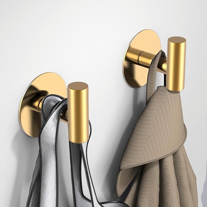 VINHOLD Gold Stainless Steel Wall Hooks, Heavy Duty Self-Adhesive Hooks for Coats, Towels, Robes, Hats, Aprons – No Drill Bathroom, Kitchen, Hotel (2 Pack)
