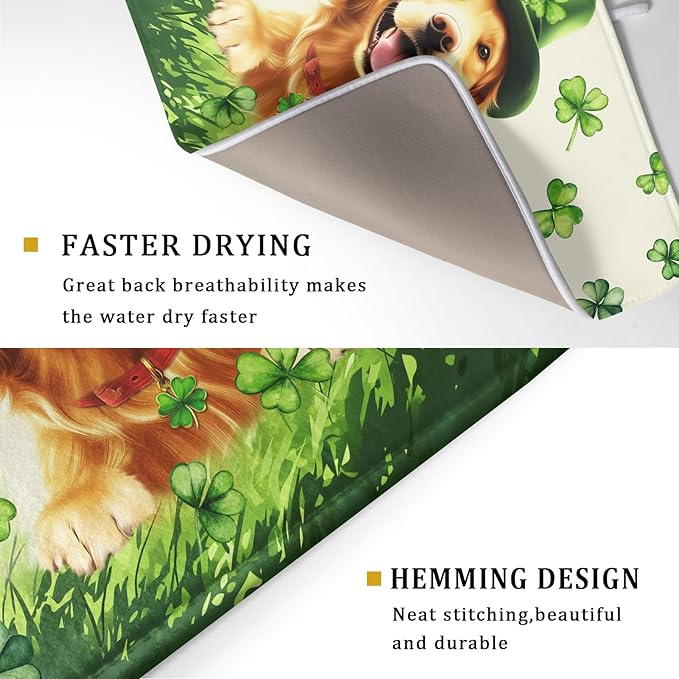 St Patrick's Day Dog Dish Drying Mat 18x24 inch Green Shamrock Dishes Pad Absorbent Microfiber Dish Drainer Mat for Kitchen Counter Coffee