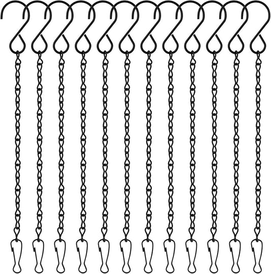 FEPITO 12 Pack Black Hanging Chains, 10 Inch Hanging Basket Chains, Garden Plant Hangers Metal Chains with Hooks Clips for Bird Feeders, Wind Chimes, Lanterns, Planters, Decorative Ornaments