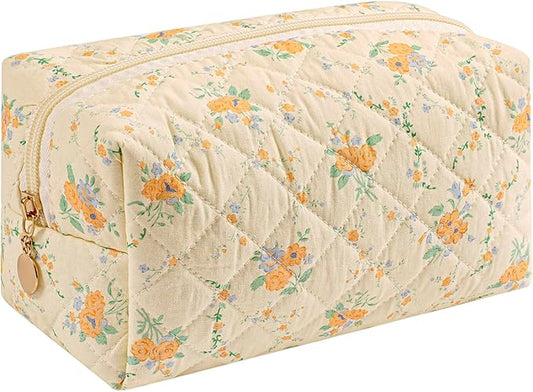 HHQQWZ Makeup Bag Travel Cosmetic Bag for Women Girls, Zipper Make Up Pouch, Floral Flowers Toiletry Organizer Makeup, Portable Storage Bag, Cosmetic Travel Cloth Bag (Yellow Orange Flower)