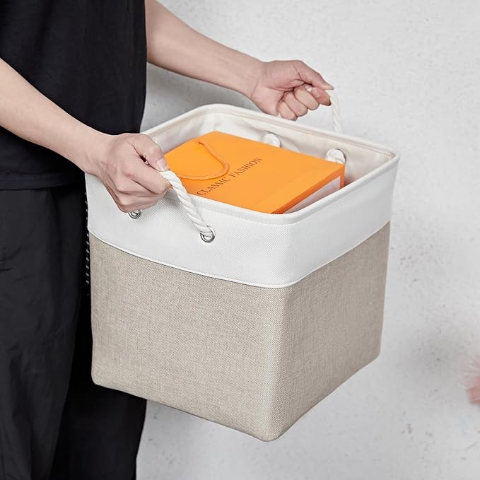 ISEMINGLA 13 x 13 Inch Storage Cubes，6 Pack Cube Storage Bins for Shelves，Fabric Collapsible Storage Bins with Handles, Foldable Storage Basket for Organizing Clothes, Toys, Books (White&Beige)
