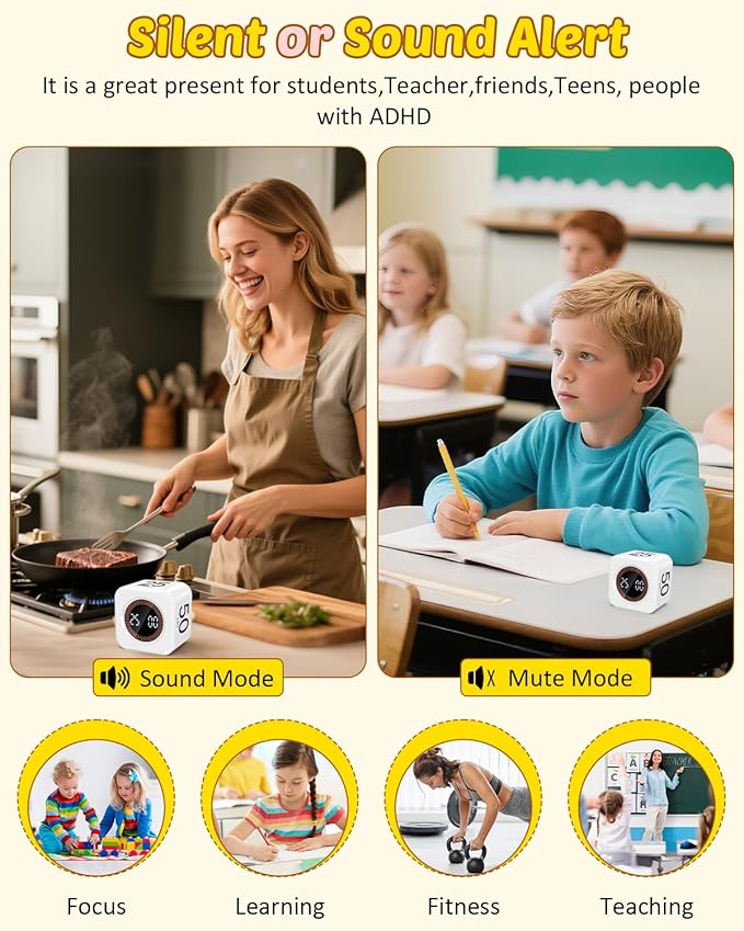 Pomodoro Timer Cube Visual Productivity Flip Timer for Kids Classroom Desk, 5/10/25/50min& Custom Countdown, Silent&Sound Mode Digital Cube for ADHD Study Work School Game Kitchen (White)