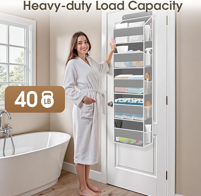 1 Pack Over The Door Organizer, Hanging Storage Organizer with Clear Window, 40lb Ultra Sturdy Large Capacity Room Organizer for Pantry Laundry Bathroom Nursery Closet Baby Essential (Grey)
