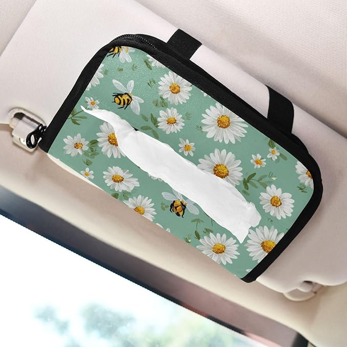 Car Tissue Holder Car Napkin Holder Car Tissue Box Dispenser Storage Case Sun Visor Mask Holder with Adjustable Straps Reusable Refillable Mint Green Daisy Flowers and Bees