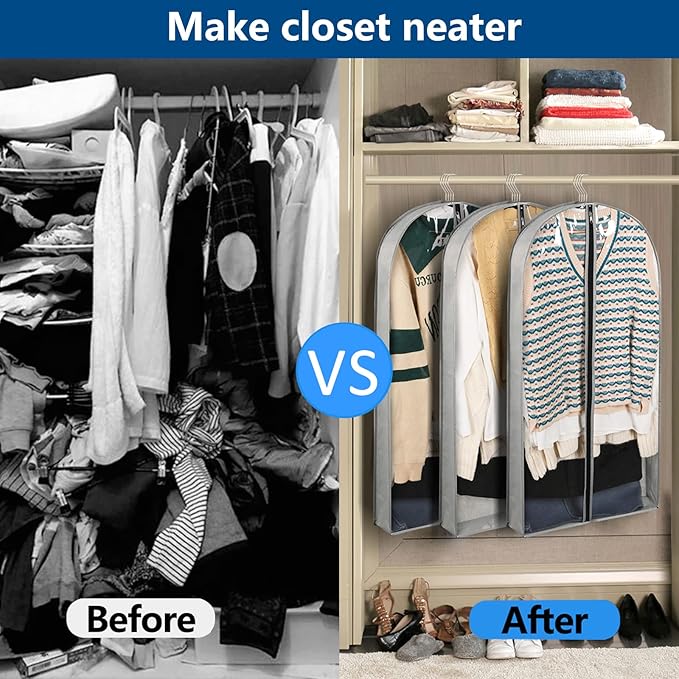 5 Pack 40" Garment Bags for Hanging Clothes Storage, Clear Suit Garment Bags with 4" Gussets for Closet Storage Travel, Plastic Protector for Coat, Jacket, Sweater, Shirts