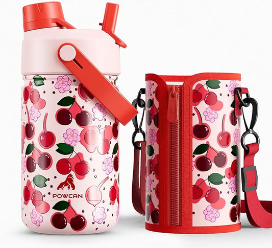 12 oz Kids Insulated Water Bottle for School: 2-in-1 Straw Spout Lid, Leakproof, Keep Cold 24H, Stainless Steel Cup with Leather Sleeve for Travel, Camping, Gift for Girl Daughter (Twinkleberry Patch)