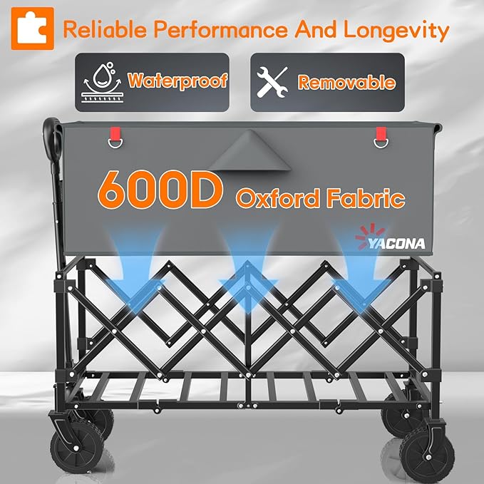 35" L Extra Long Wagons Carts Foldable, 360LBS Heavy Duty Collapsible Wagon with Wheels, Folding Wagon Portable Utility Cart for Groceries, Shopping, Camping, Sports