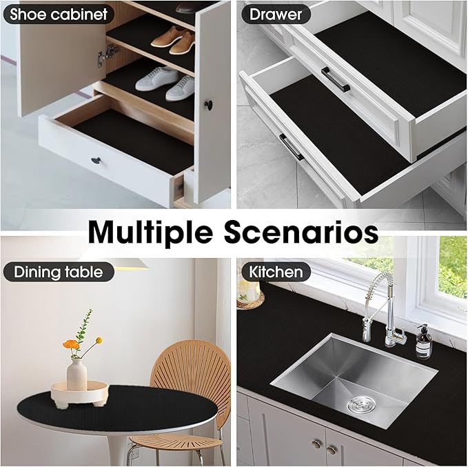 Drawer and Shelf Liner, Non-Slip Kitchen Cabinet Liners Non-Adhesive Thick Strong Grip Waterproof Washable Mats Protect Dresser Shelves Cupboard Bathroom Cabinets, Black, 24 in X 10 FT