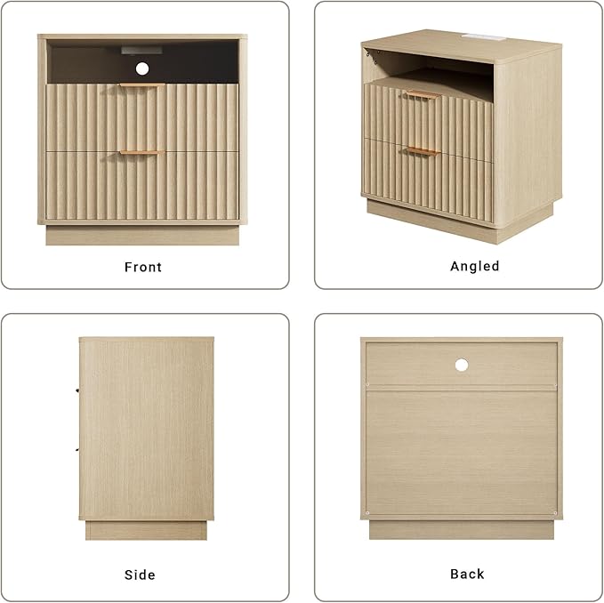 Large Fluted Nightstand Set of 2 with Charging Station, 23" Modern Farmhouse Night Stand, 2 Drawers End Table with Storage, Bedside Table for Bedroom Sofa Home Office, Natural Oak