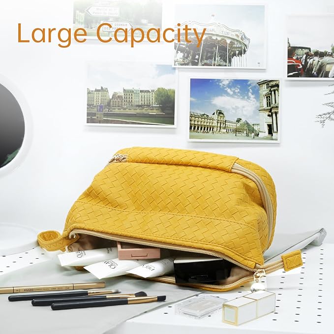 Abiudeng Large Capacity Makeup Bag for Women, Cosmetic Travel Bag with Compartments, Portable PU Leather Travel Makeup Bag with Handle
