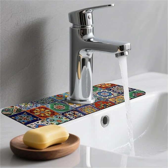 Kitchen Sink Splash Guard，Colorful Mexican tile Faucet Mat Sink Gadgets-Super Absorbent Fast Drying Mat Drip Catcher for Kitchen, Bathroom,Sink Mat, Dish Drying Mat, Bathroom(15" X 5.5" )