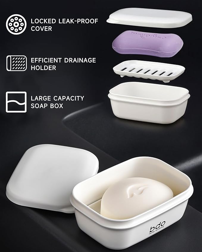 Travel Essentials Soap Holder with Lid, Leakproof Soap Dish with Drainage Layer, Portable Travel Soap Bar Case for Camping, Gym, Bathroom, Kitchen, Dormitory, Hotel (White)