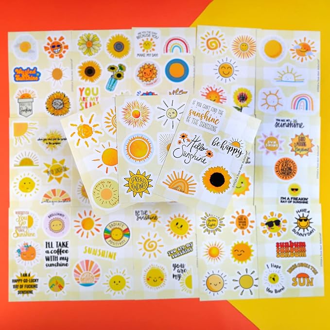 BulbaCraft 100Pcs Small Sunshine Stickers, Sun Stickers and Decals for Laptop and Water Bottles, You are My Sunshine Decals and Party Favors, Sun Birthday Party Decorations, Gifts for Women & Men