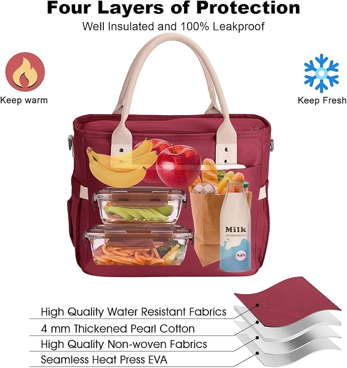Hafmall Large Insulated Lunch Bag for Adults, Wide Opening Insulated Bag with Shoulder Strap, Lunch Bags for Women, Reusable Adult Lunch Tote Bag For Work, Picnic (Red)