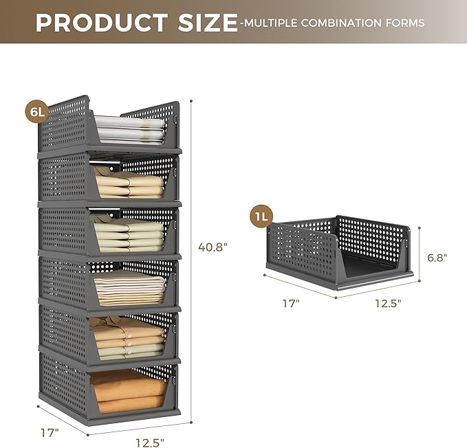 Pinkpum Black 6 Pack Closet Organizers Storage Bins, Stackable Plastic Drawer Basket for Clothing, Stackable Storage Bins Shelf Storage Container for Closet Wardrobe Bedroom Bathroom Office