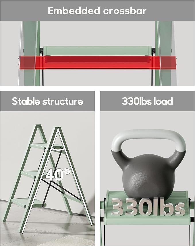 HillhutApex 3 Step Ladder, Lightweight Portable 3 Step Stool with Anti-Slip Wide Pedal, 330lbs Capacity Aluminum Ladder for Household,Office,Kitchen(Pale Green)