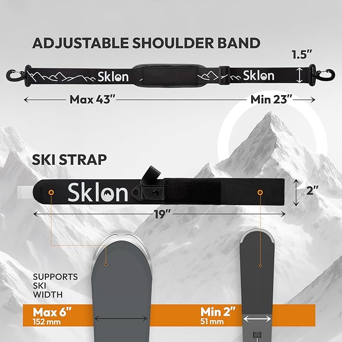 Sklon Ski Strap and Pole Carrier | Avoid the Struggle and Effortlessly Transport Your Ski Gear Everywhere You Go | Features Cushioned Shoulder Sling | Great for Families - Men, Women and Kids - Black