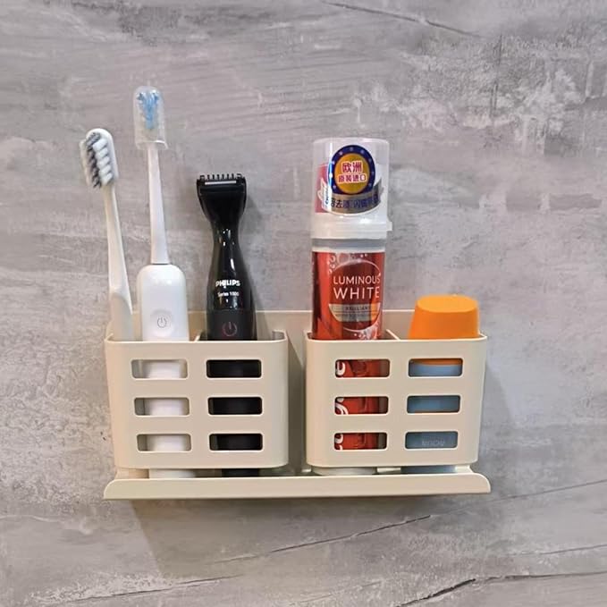 Aluminum Toothbrush Holder, Self-Adhesive Wall Mount Bathroom Organizer for Toothbrush, Razor, Comb & Toothpaste. (Cream White