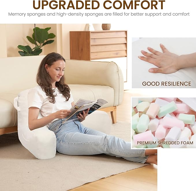 Portable Comfy Reading Pillows for Bed Sitting Up(Beige Oeko-Tex), Velvet Back Pillow with Arms & Pockets for Adults, Support Memory Foam Bed Pillow for Dorm/Reading/Watching/Gaming