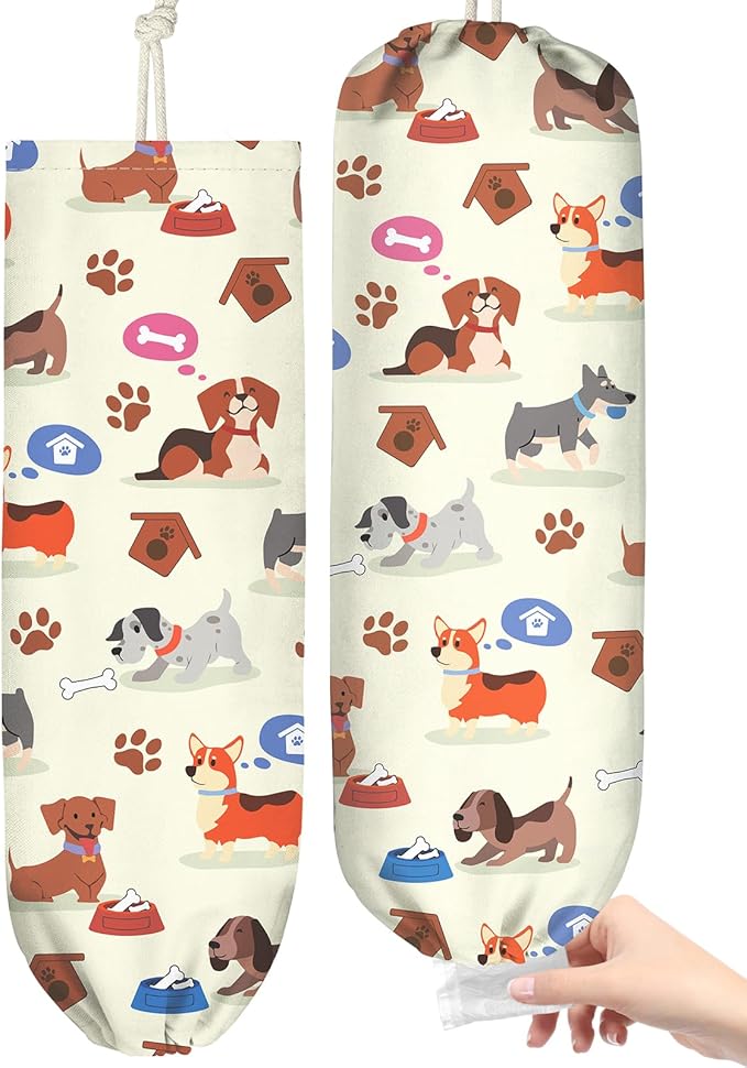 Kokaaee Plastic Bag Holder, Grocery Bag Organizer - 1 Pack Cute Kitchen Dispenser Holders Reusable Shopping Western Hanging Wall with Adjustment Drawstring Closure for Women Home, Dogs