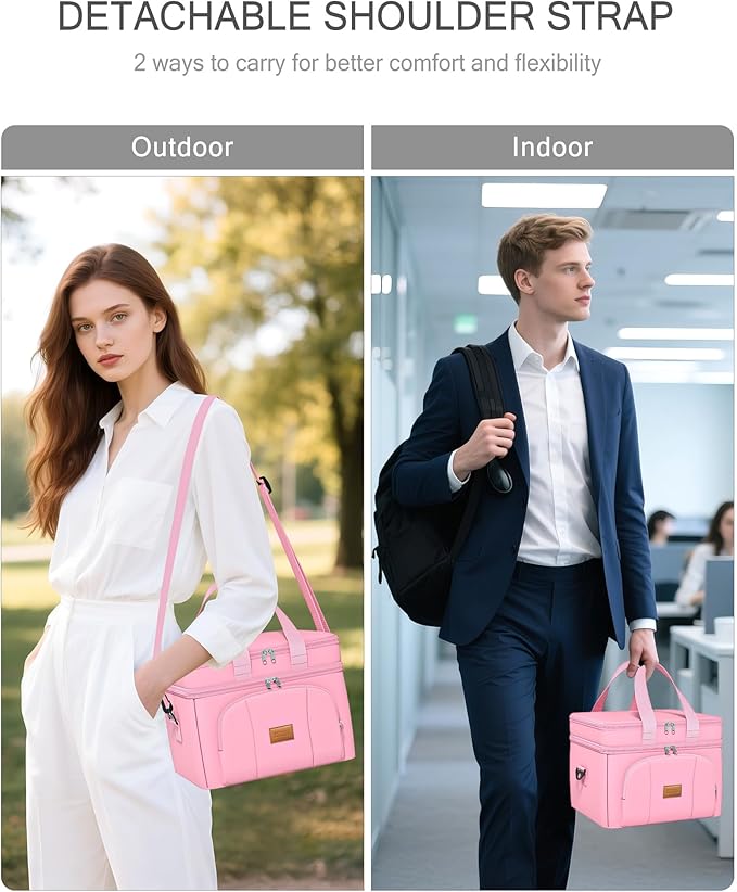 Rnivvi Lunch Box for Women, Double Decker Insulated Cooler Bag Lunch Bag Reusable Leakproof Tote Lunch Container with Strap for Work Family Picnic Hiking Camping, 18 Cans 12L, Large Adults, Pink
