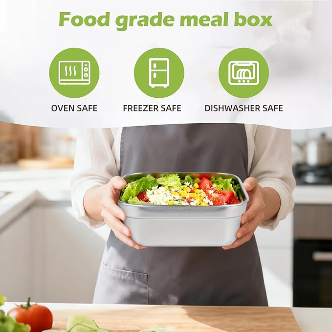 2 Pack Stainless Steel Sandwich Containers, 20oz Leakproof Reusable Metal Lunch Boxes with Silicone Lids, BPA-Free Meal Prep Food Storage Containers for Snacks, Fruits, Salad, Travel & Office Lunch