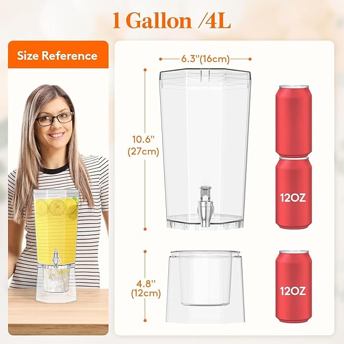 Lifewit 1 Gallon Drink Dispenser for Parties, 4L Plastic Beverage Container with Stand for Juice/Tea/Soda & Lemonade, Clear Water Pitcher with Spigot for Mimosa Bar Hosting 39 x 16 cm/15x6"