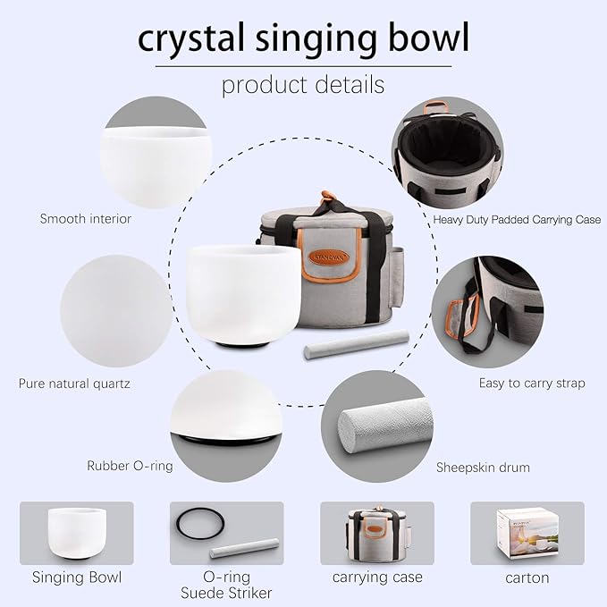 RYAN DVAN 8” G Note Frosted Throat Chakra Crystal Singing Bowl with Free Heavy-Duty Carrying Case and Suede Striker O-Ring
