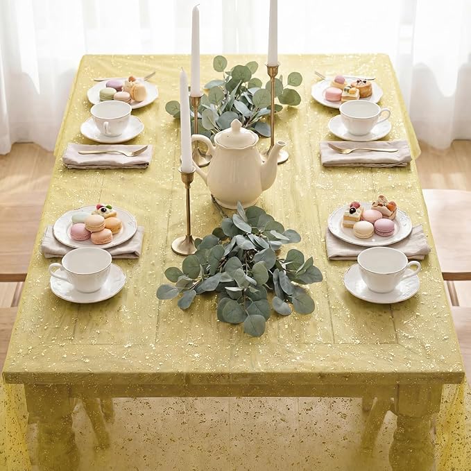 Horaldaily Yellow Gauze Tablecloth 60x140 Inch Rectangular, Golden Sequin Glitter Metallic Foil, Sheer Tulle Cheesecloth for Wedding Baby Shower Ceremony Birthday