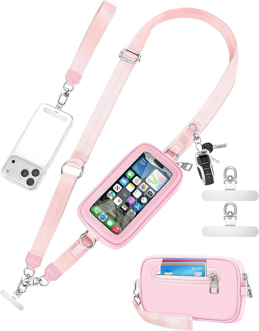 SHANSHUI Clip and Go Phone Lanyard Wallet, Hands Free Crossbody Strap with Zipper Pocket & ID Window, Includes 2 Metal Tether Pads for Phones, Keys, Earphones, Accessories Pink